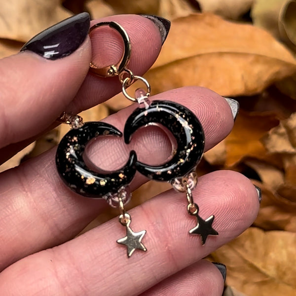 Moon & Star Charm Earrings - Black & Gold Sparkle