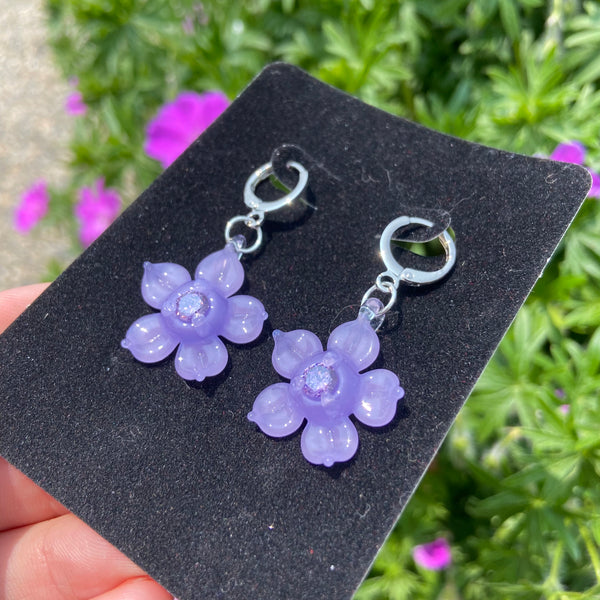 Cubic Zirconia Flower Earrings Purple Satin