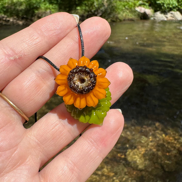 Sunflower Glass Pendant with Leaf 3