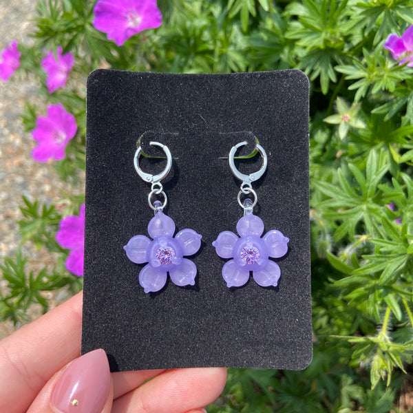 Cubic Zirconia Flower Earrings Purple Satin