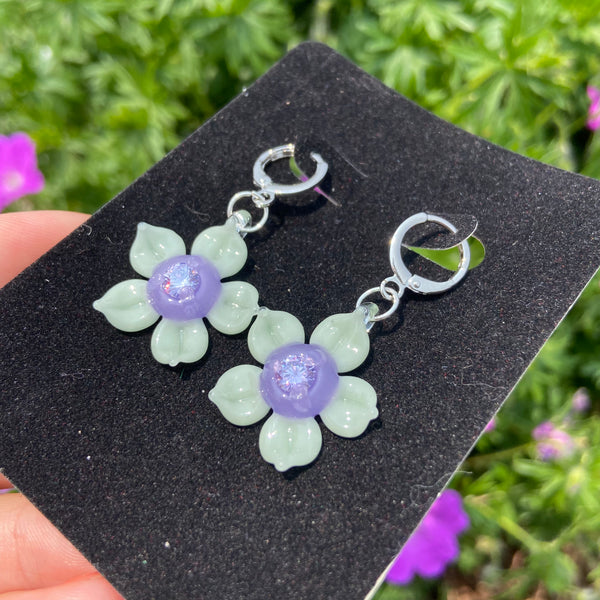 Cubic Zirconia Flower Earrings Purple Satin and Mint