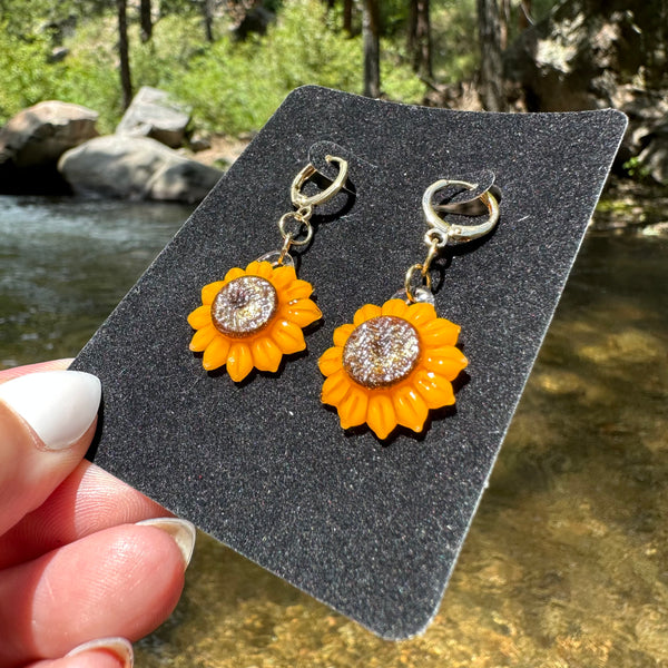Sunflower Earrings with Gold Hooks