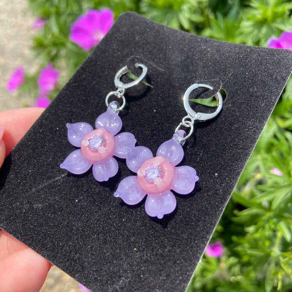 Cubic Zirconia Flower Earrings Blush and Purple Satin