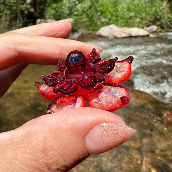 Sparkly Spinning Flower Pendant - Red and White with Black Opal Center