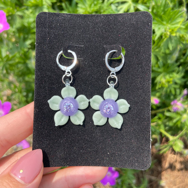 Cubic Zirconia Flower Earrings Purple Satin and Mint