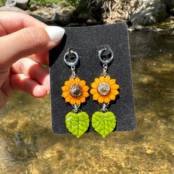 Sunflower Earrings with Leaf Charms