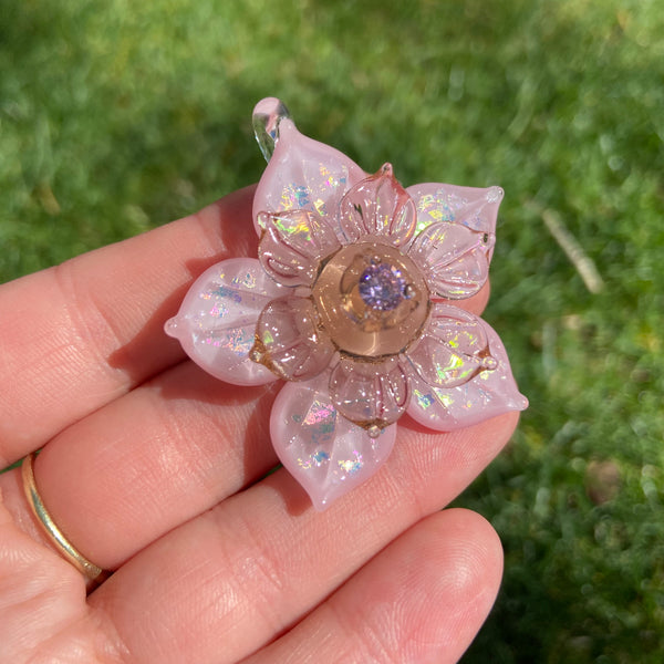 Sparkly Spinning Flower Pendant - Pastel Pink with Zirconia center