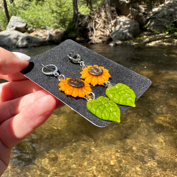 Sunflower Earrings with Leaf Charms