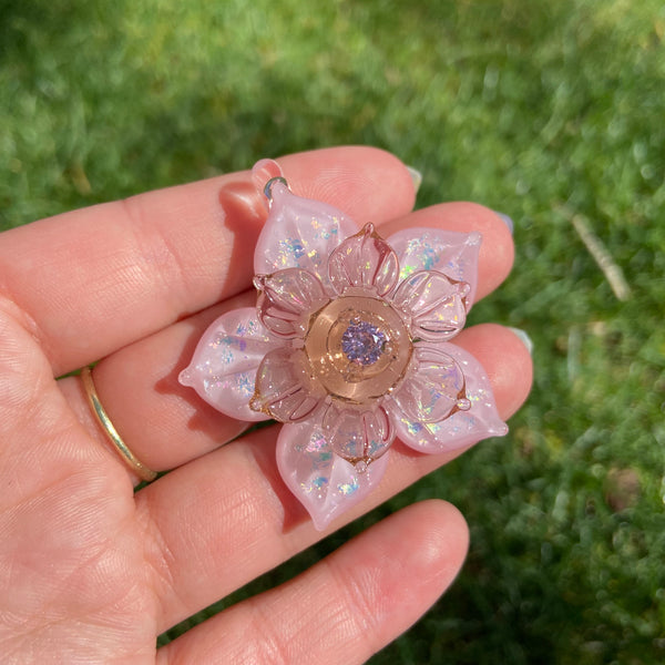 Sparkly Spinning Flower Pendant - Pastel Pink with Zirconia center
