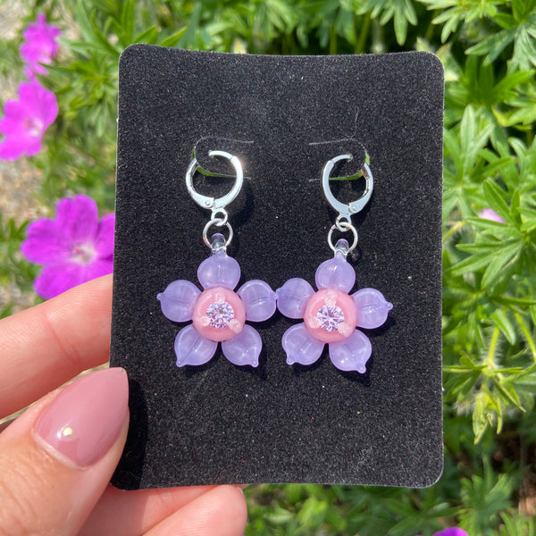 Cubic Zirconia Flower Earrings Blush and Purple Satin