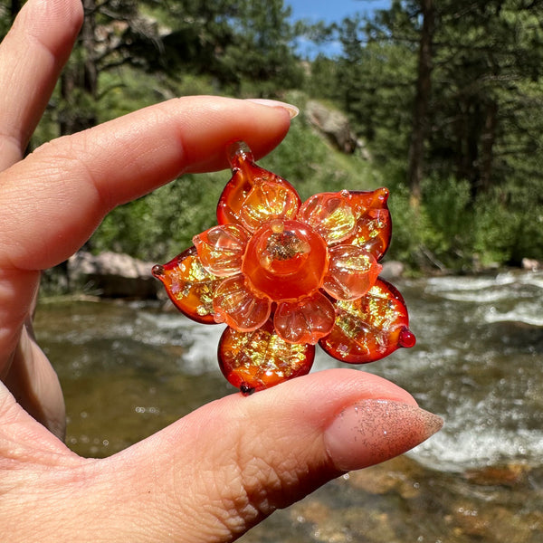 Sparkly Spinning Flower Pendant - Opaque Red/Orange w/ Cubic Zirconia Center