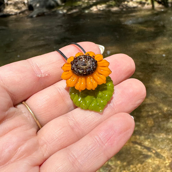 Sunflower Glass Pendant with Leaf 3