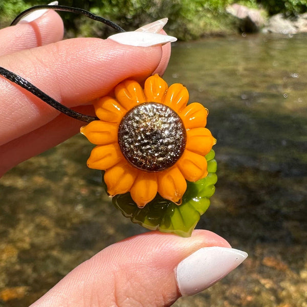 Sunflower Glass Pendant with Leaf 1