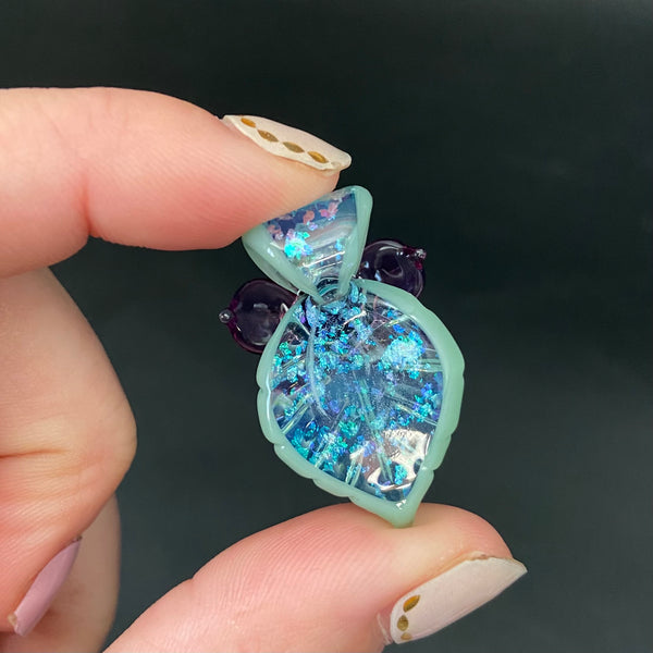 Mini Leafy Flower Pendant with Sparkles - Mint and Purple