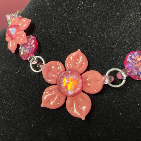 Pink Flower Linked Choker Necklace