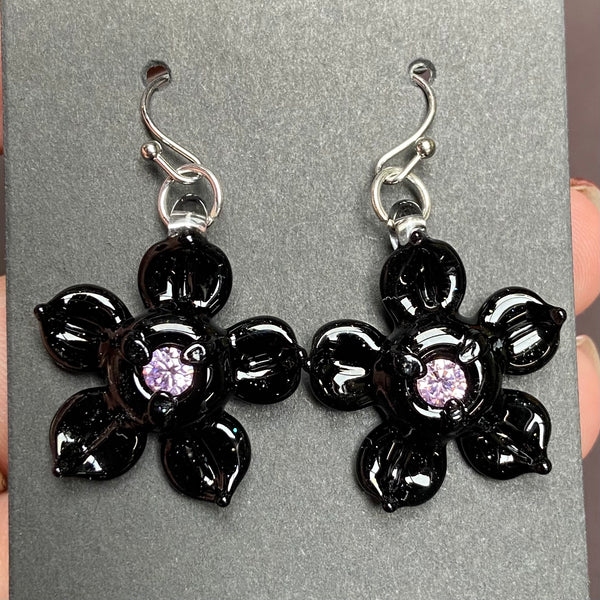 Cubic Zirconia Flower Earrings - Black Galaxy
