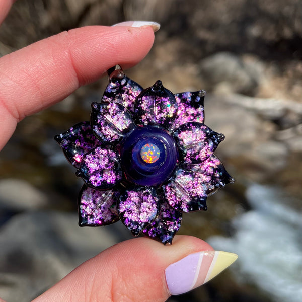 Black and Purple Spinner Flower Pendant Double Layered Luster