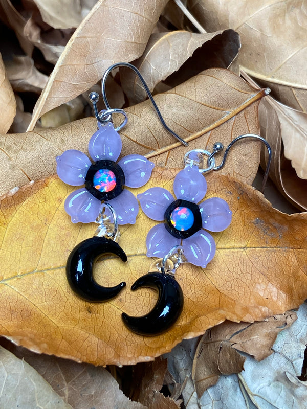 Moon Flower Earrings - Opal Center w/ Purple Satin