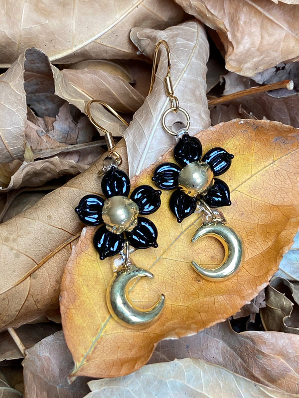 Moon Flower Earrings - Gold Center and Black
