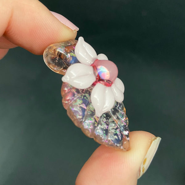 Mini Leafy Flower Pendant with Sparkles - Peach and Bubblegum