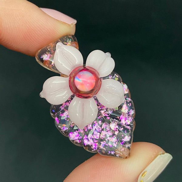 Mini Leafy Flower Pendant with Sparkles - Peach and Bubblegum