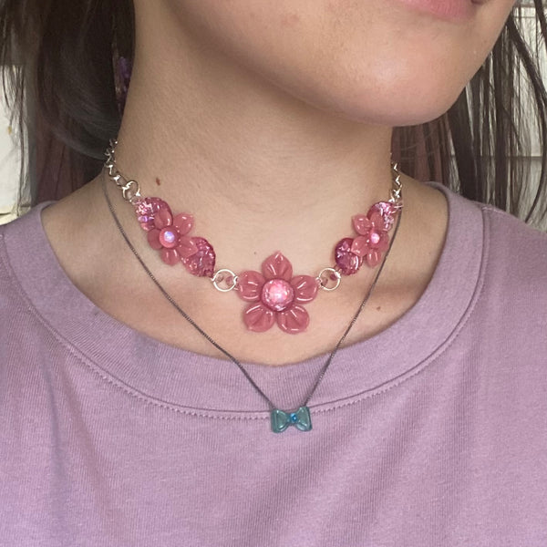 Pink Flower Linked Choker Necklace