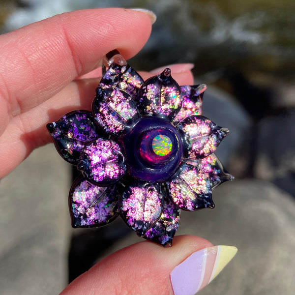 Black and Purple Spinner Flower Pendant Double Layered Luster