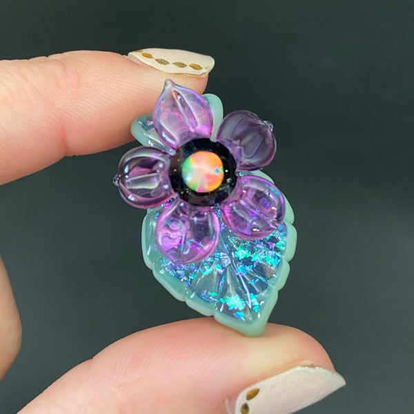 Mini Leafy Flower Pendant with Sparkles - Mint and Purple