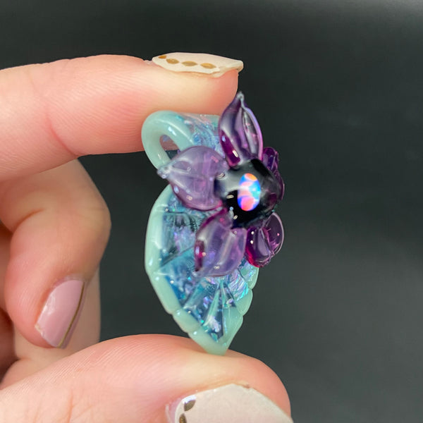 Mini Leafy Flower Pendant with Sparkles - Mint and Purple